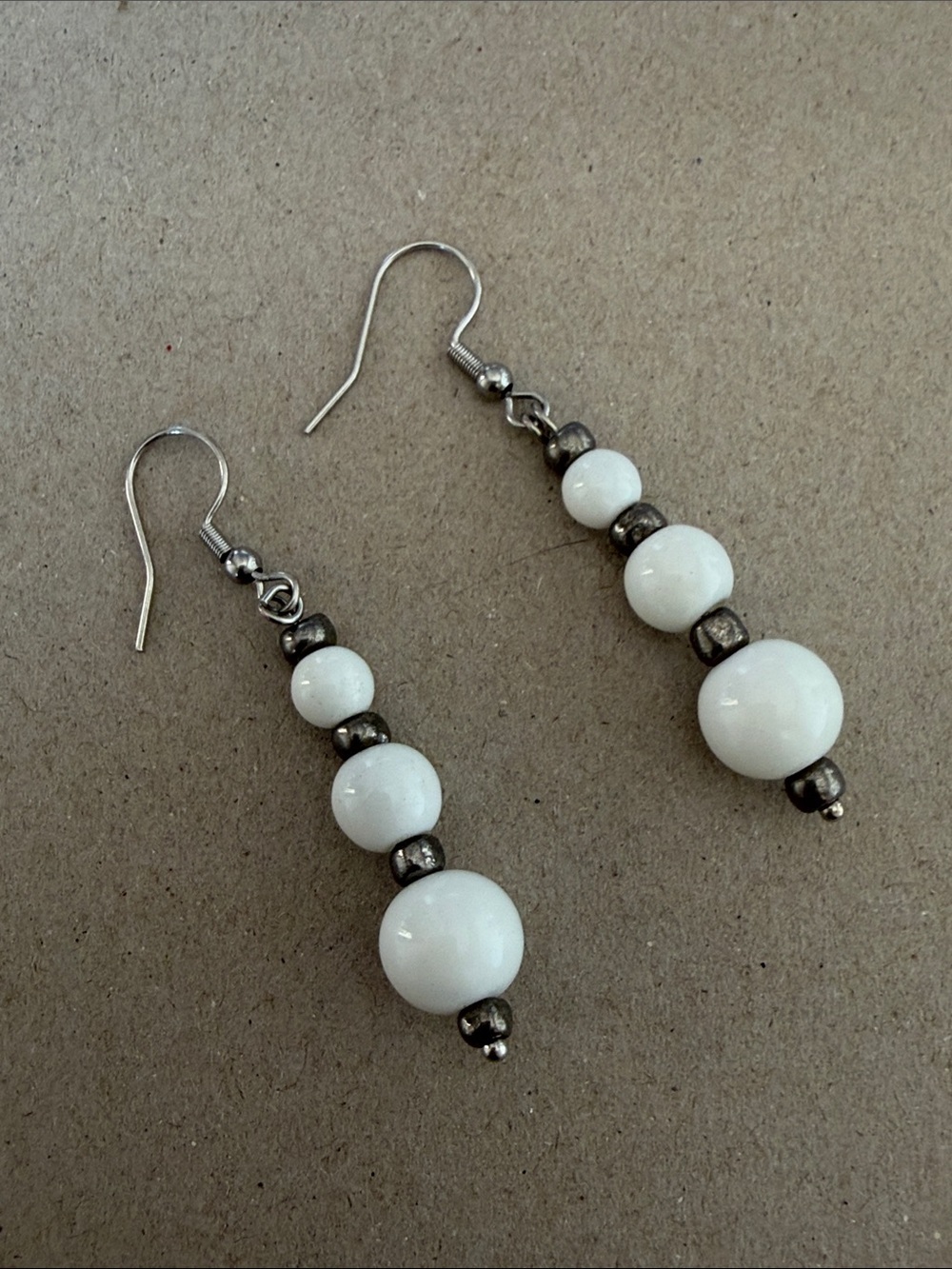 White Beaded Drop Earrings with Silver-Tone Accents